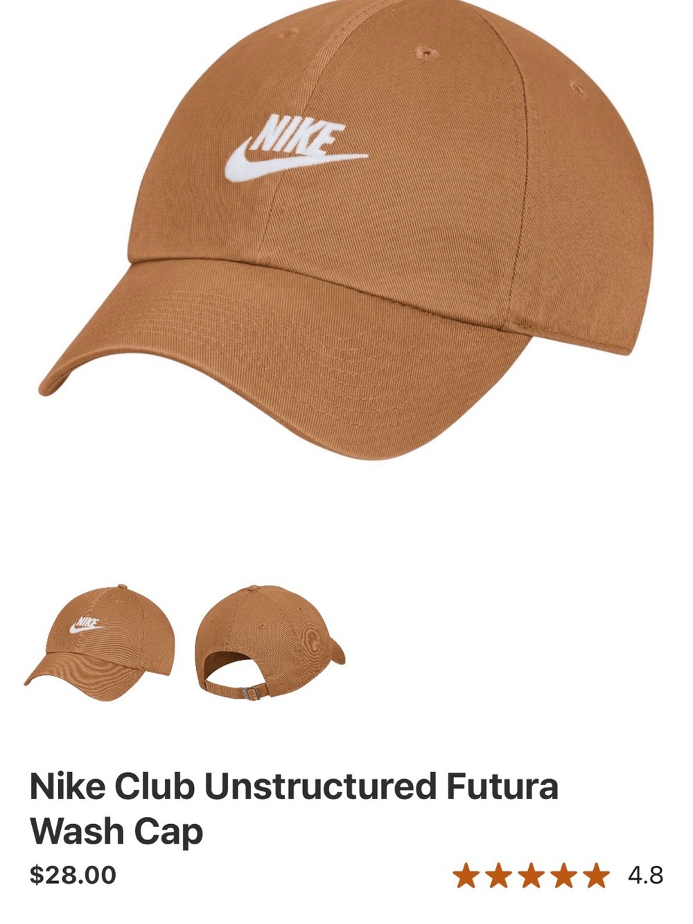 Nike Tan Washed Futura Cap with White Logo 2026